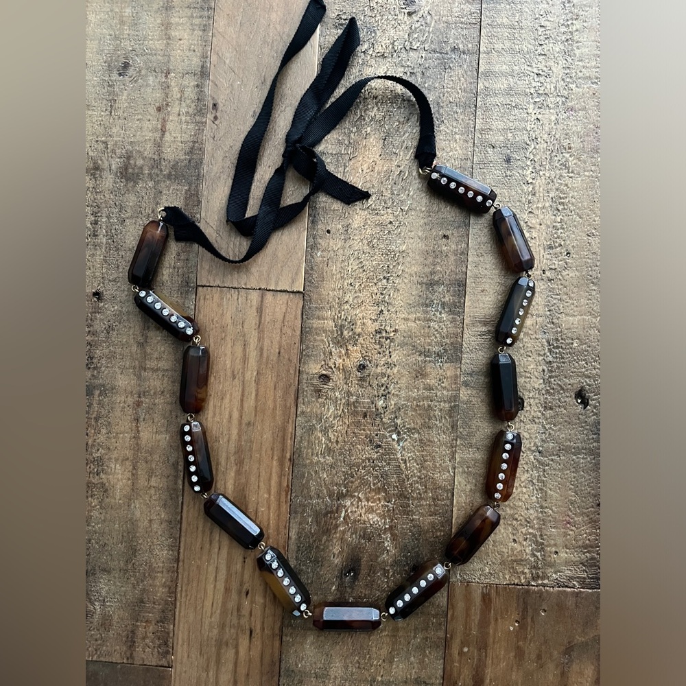 J. Crew Tortoiseshell Rhinestone Ribbon Long Necklace